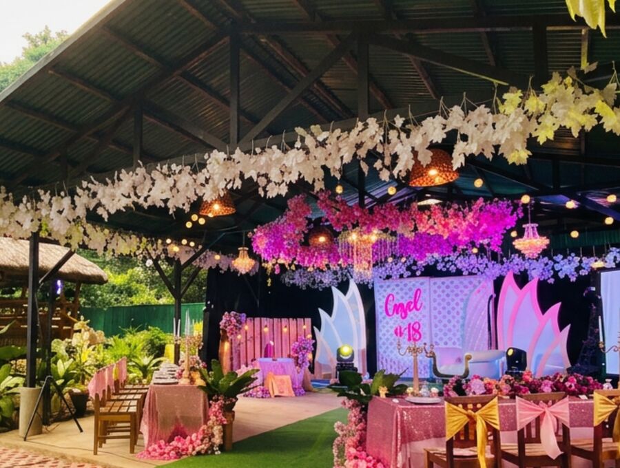 Open air function hall dressed for a celebration