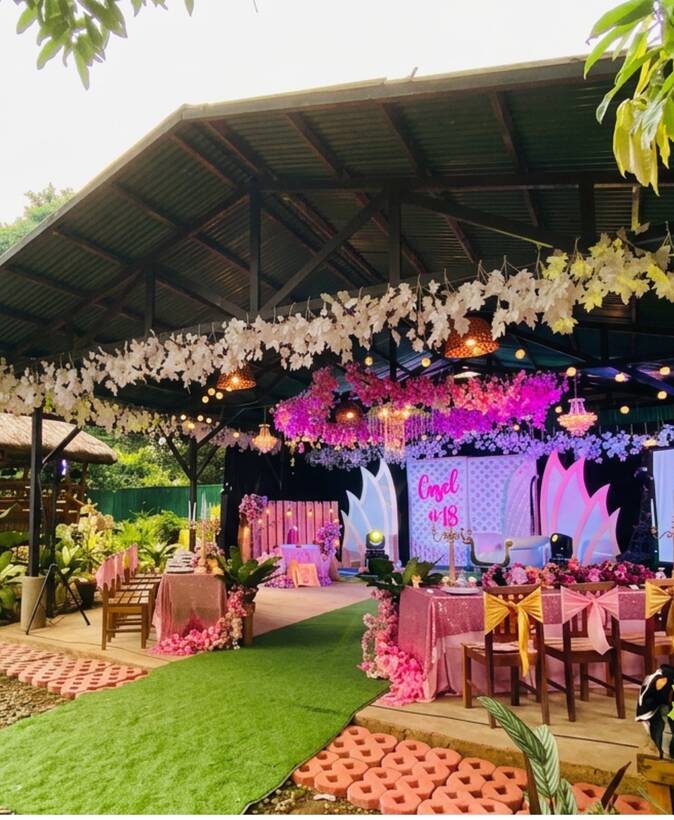Open air function hall dressed for a celebration