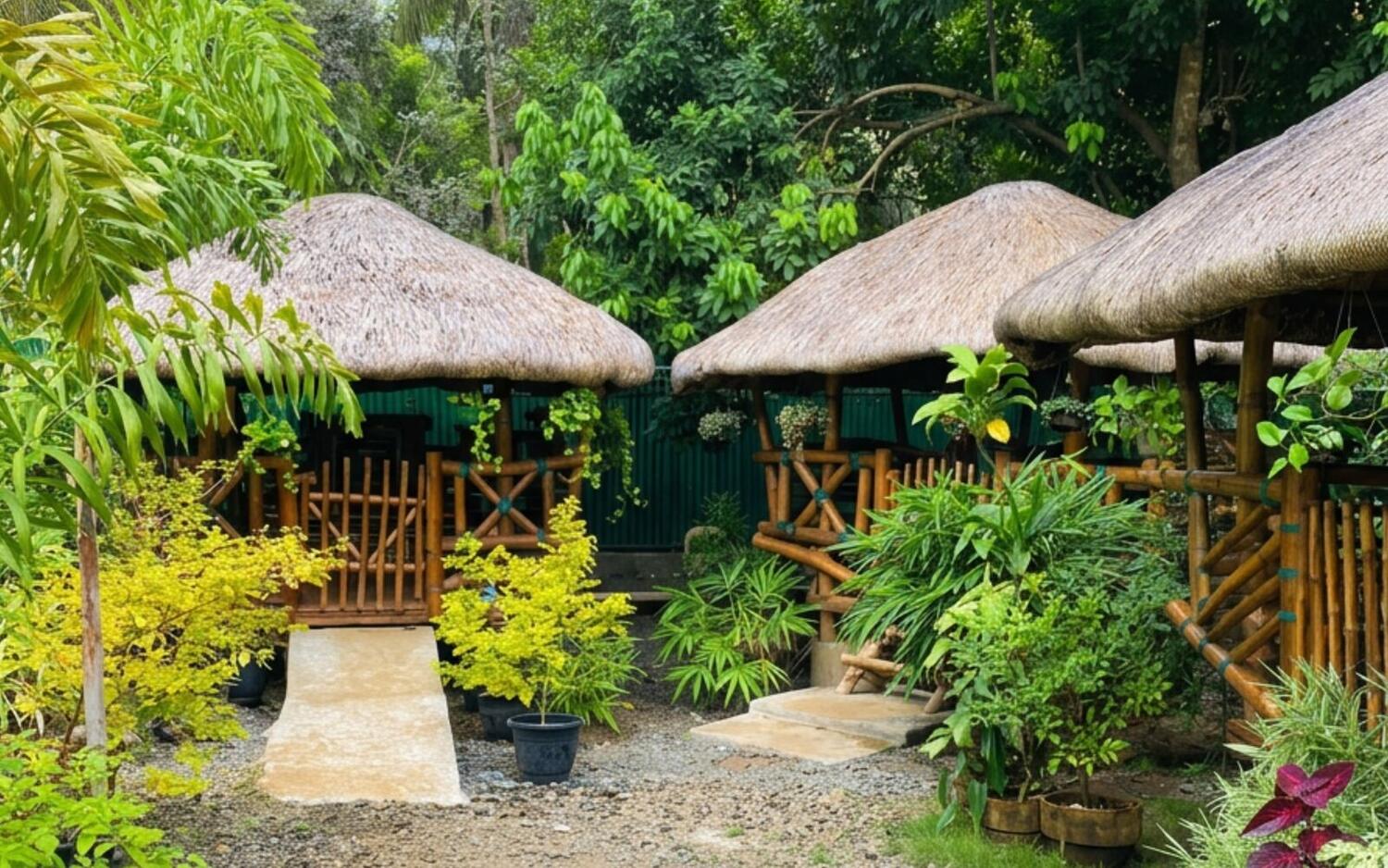 Nipa style bamboo huts along a garden path